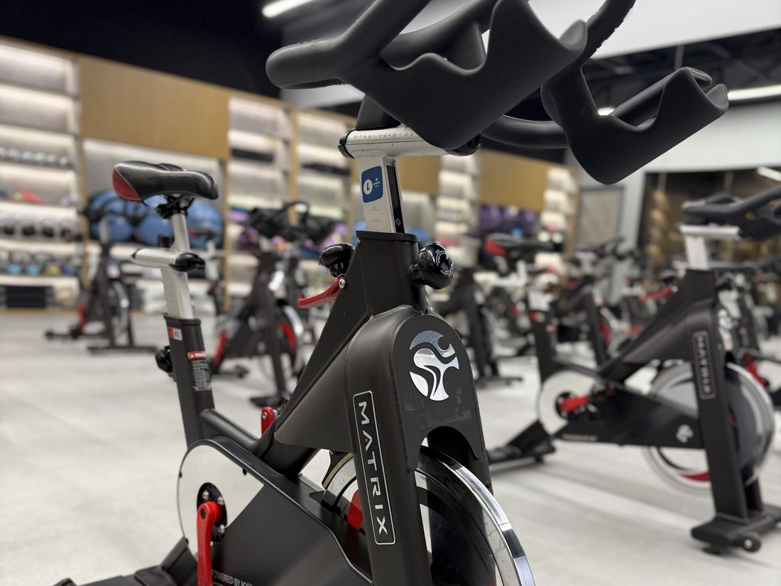 Close-up of an indoor cycling bike